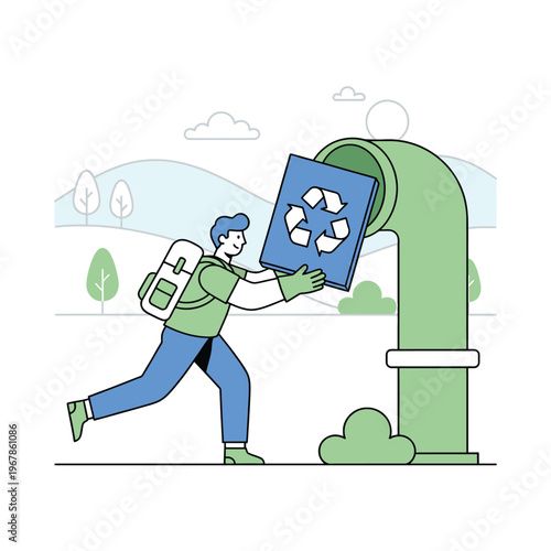 Man carrying recycling symbol into green pipe.