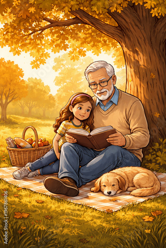 Elderly man reading with his granddaughter and dogs and a cat in a serene park setting