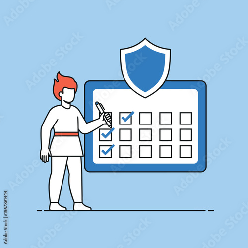 Man checking tasks on a calendar with shield icon.