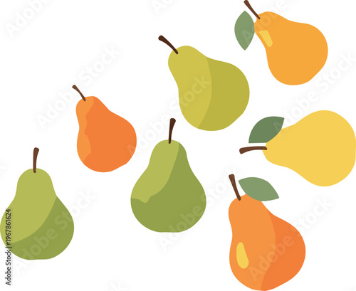 Pear vector set with mixed colors and simple shapes. Fresh green, yellow and orange fruits. Minimal flat illustration for organic food and healthy lifestyle design.