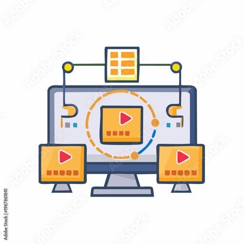 Digital Media Production Suite Concept with Interconnected Screens for Video Editing and Content Creation Workflow