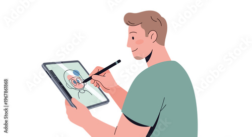 Young artist creating detailed digital character with pastel and soft tones
