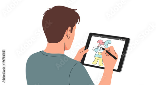 Male digital artist drawing colorful character on tablet with flat vector style
