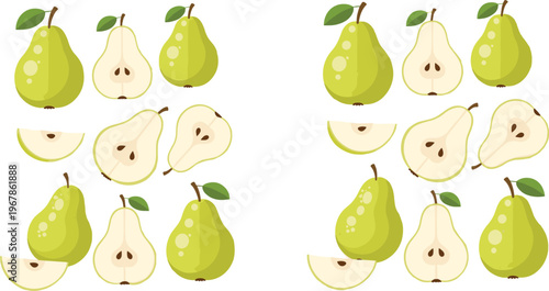 Pear fruit flat vector pattern set. Whole and sliced green pears with seeds and leaves in repeat composition. Fresh design for food, packaging and healthy themes.