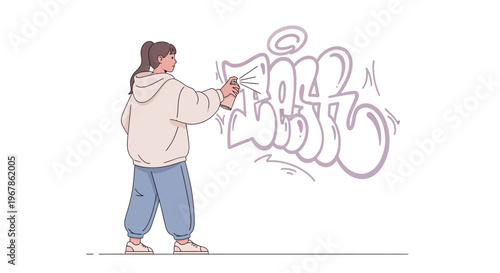 Young artist creating colorful graffiti on white background with spray paint
