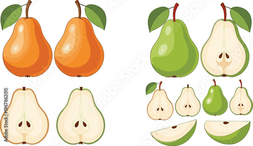 Pear fruit flat vector set. Whole and sliced pears in green and orange varieties with seeds. Fresh illustrations for food design, healthy eating and organic themes.