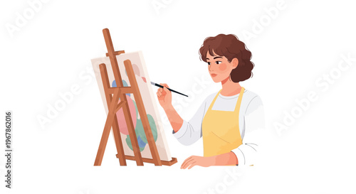 Young artist creating minimal modern artwork on white canvas with pastel palette
