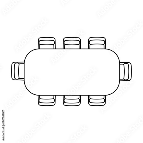 Vector of a dining table with eight chairs arranged neatly around it