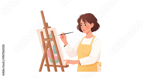 Young artist concentrating while painting vibrant scenery on easel in soft pastel colors
