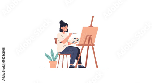 Female painter holding brush and creating detailed artwork on large canvas with minimal style
