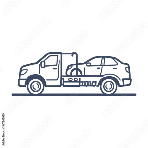 Vector of a tow truck towing a car on a flat road