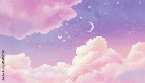 A serene and dreamy illustration of fluffy clouds and a crescent moon in a pastel-colored sky