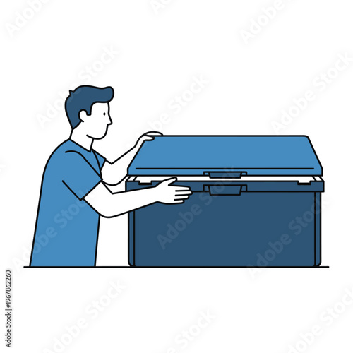 Man Closing Large Blue Cooler Box Outdoors.