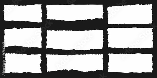 Nine torn paper rectangles arranged in a grid on a black background