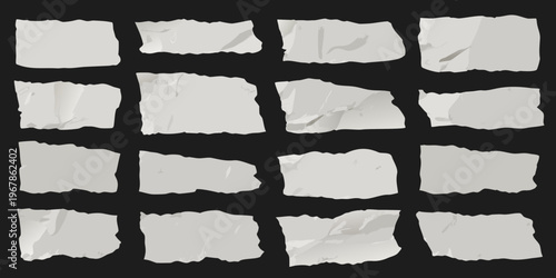 Collection of torn paper pieces arranged on a black background
