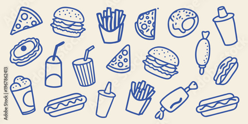A collection of hand drawn fast food items in blue line art