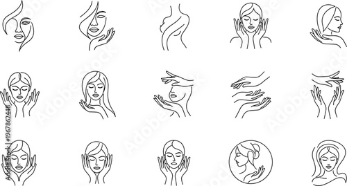 Beauty and Skincare Line Icon Set Featuring Female Faces, Self Care Routine, Facial Treatment and Wellness Outline Illustration Vector Collection