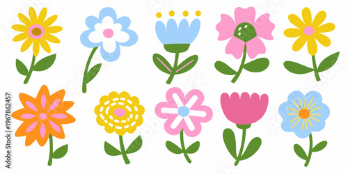 Colorful assortment of stylized flowers with green stems on white