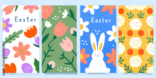 Colorful easter themed banners with flowers rabbits and festive patterns