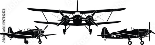 Vintage airplane silhouette set, military aircraft vector, propeller planes collection, aviation transport design, retro war planes, classic flight illustration icons