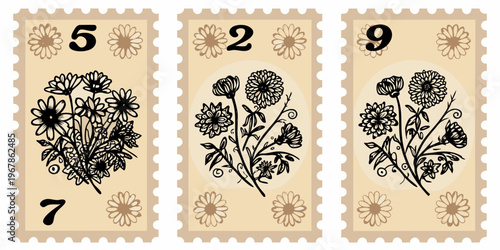 Vintage styled postage stamps featuring floral designs and numbers