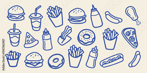 A collection of hand drawn fast food items in blue line art