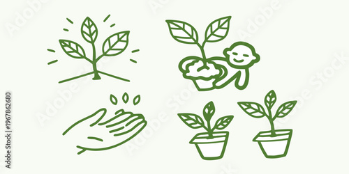 Hand drawn illustration depicting plant growth and nurturing hands