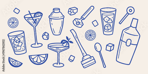 A collection of hand drawn cocktail tools and refreshing beverage illustrations