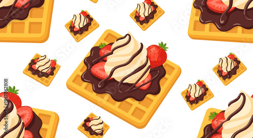 Seamless Flat Vector Pattern of Waffles with Chocolate Syrup, Whipped Cream, and Strawberries for Bakery Branding, Cafe Decor, and Dessert Packaging