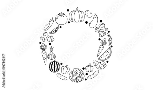 Minimal vegetable doodle wreath organic menu food circle vector design illustration