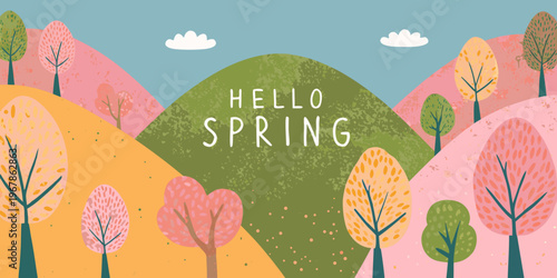 Colorful illustration welcomes spring with stylized trees and rolling hills