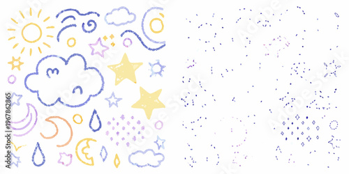 Colorful crayon drawing of sun clouds stars and moon shapes