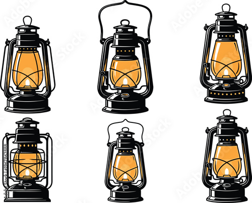 Vintage kerosene lantern silhouette, traditional lamp icon, glowing flame design, rustic lantern vector art, lantern flat vector illustration
