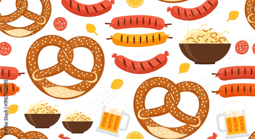 Seamless Flat Vector Pattern of Oktoberfest Elements with Pretzels, Sausages, Beer Mugs, and Sauerkraut for German Festival Branding and Restaurant Decor