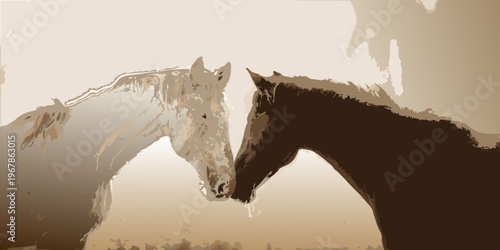 Two horses facing each other in a digitally illustrated style