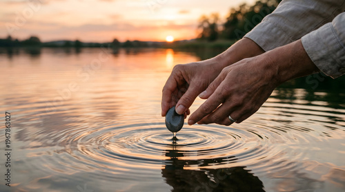 Hands dropping a pebble into calm water at sunset