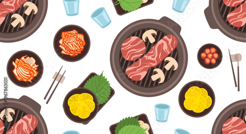 Seamless Flat Vector Pattern of Korean BBQ with Grilled Meat, Kimchi, Soju, and Banchan Side Dishes for Asian Restaurant Branding and Culinary Wallpaper