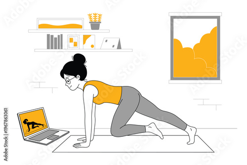 Woman Following Online Workout at Home