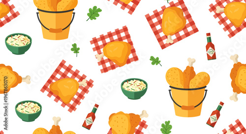 Seamless Flat Vector Pattern of Crispy Fried Chicken Bucket with Hot Sauce, Coleslaw, and Napkins for Fast Food Branding and Restaurant Decor