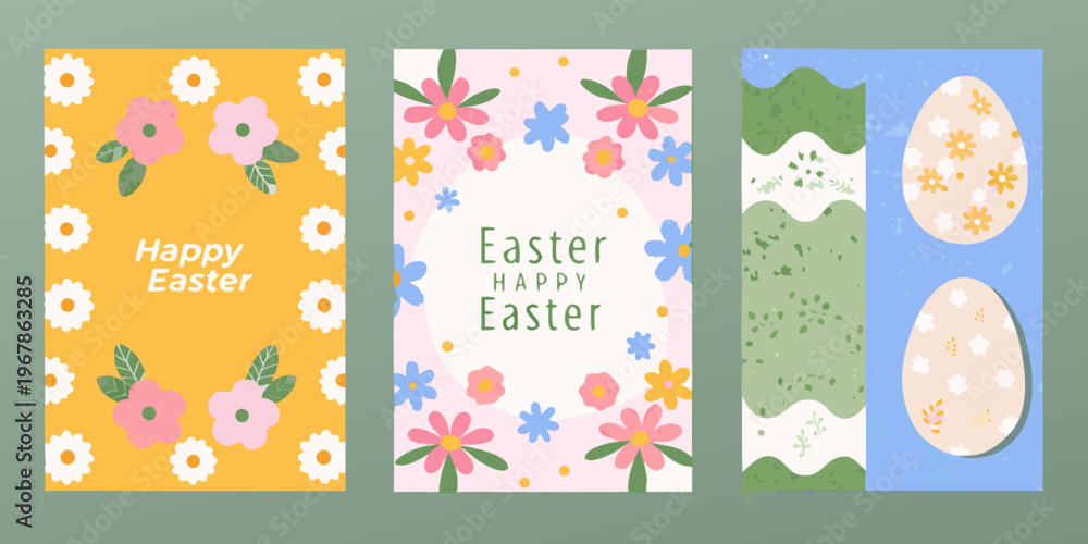 Naklejka premium Colorful easter illustrations with floral designs and festive greetings