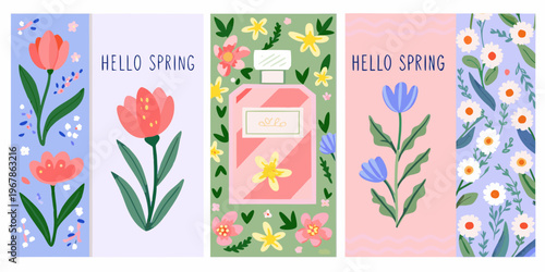 Floral bookmarks with spring greetings and perfume bottle illustrations