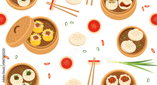 Seamless Flat Vector Pattern of Chinese Dim Sum with Siomay, Steamed Buns, Bamboo Steamers, and Chili Sauce for Asian Culinary Branding and Restaurant Decor