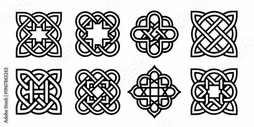 Eight intricate celtic knot designs arranged in a grid pattern