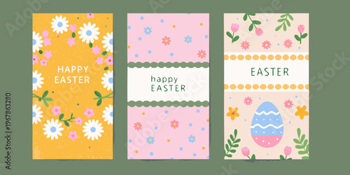Three colorful easter banners with floral patterns and festive greetings
