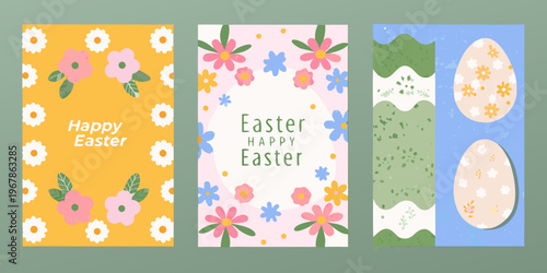 Colorful easter illustrations with floral designs and festive greetings