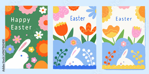Colorful easter banners with rabbits flowers and festive greetings