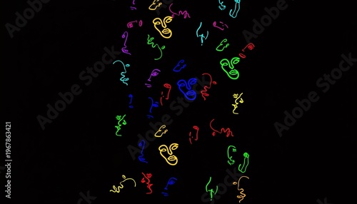 A vibrant collection of colorful neon face drawings on a black background