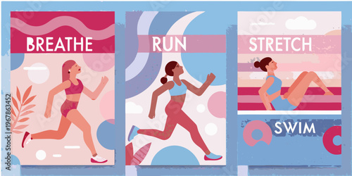 Fitness and wellbeing illustrations promoting breathing running stretching and swimming
