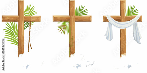 Three wooden crosses with palm leaves and a draped cloth easter symbolism