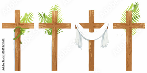 Three wooden crosses with palm leaves and a white garment displayed